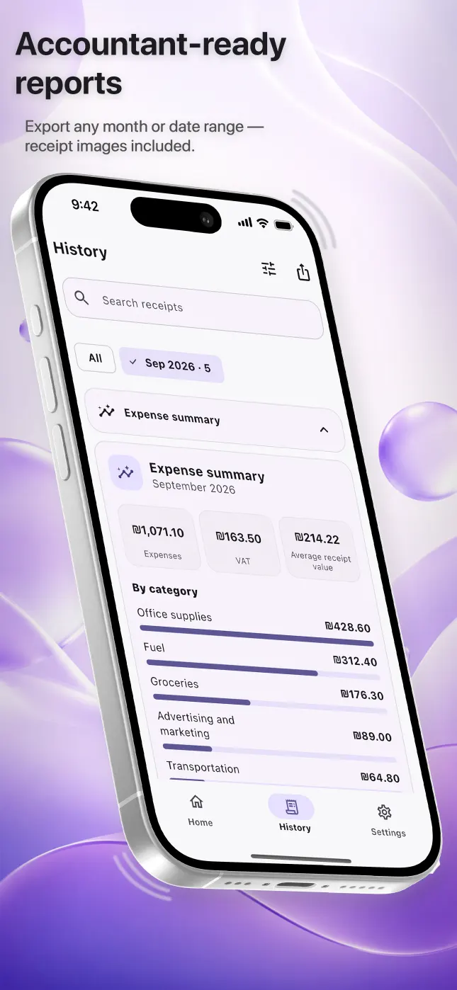 Reece expense history with export options for a selected month or date range