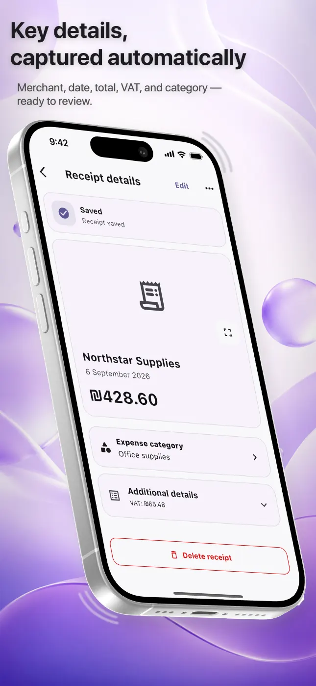 Reece receipt details screen showing recognized merchant, date, amount, VAT and category