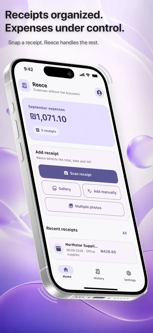 Reece iPhone screen with organized expense records and receipt statistics