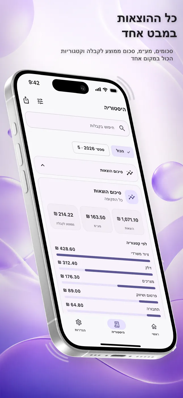 נתוני הוצאות ב‑Reece ב‑iPhone עם סכום כולל, מע״מ וחלוקה לקטגוריות
