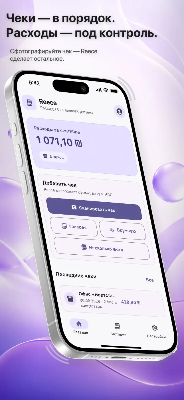 Экран Reece на iPhone с упорядоченными расходами и статистикой чеков